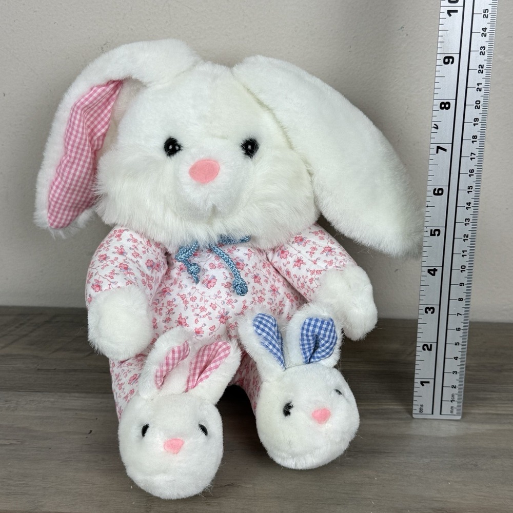 Vtg Rabbit Plush Deluxe Playthings Gingham Plaid Ears Bunny Slippers Pajamas 90s - Picture 10 of 11